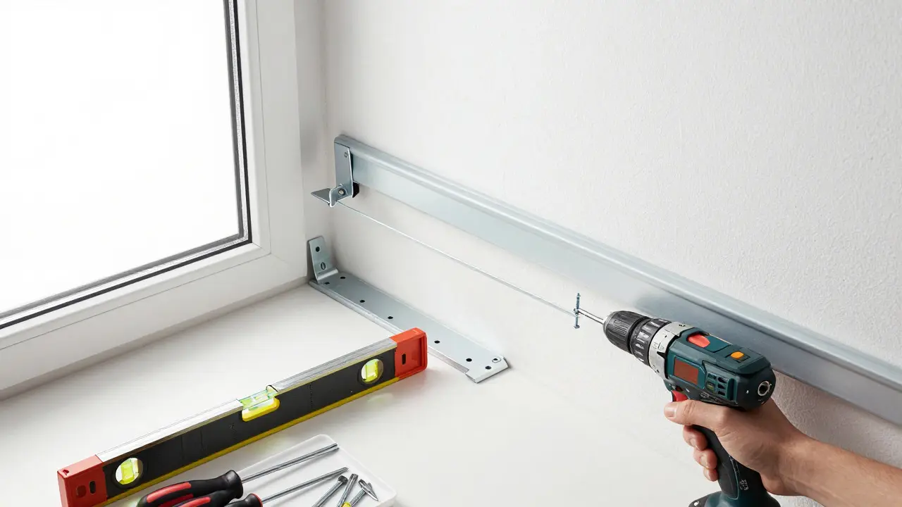 Installing smart blind mounting brackets with a drill and level near a window