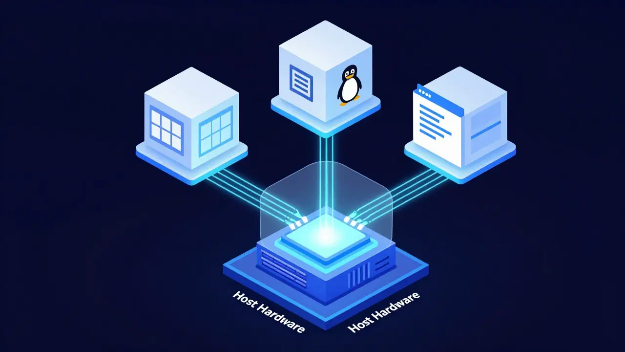 Isometric diagram of hypervisor allocating resources to VMs