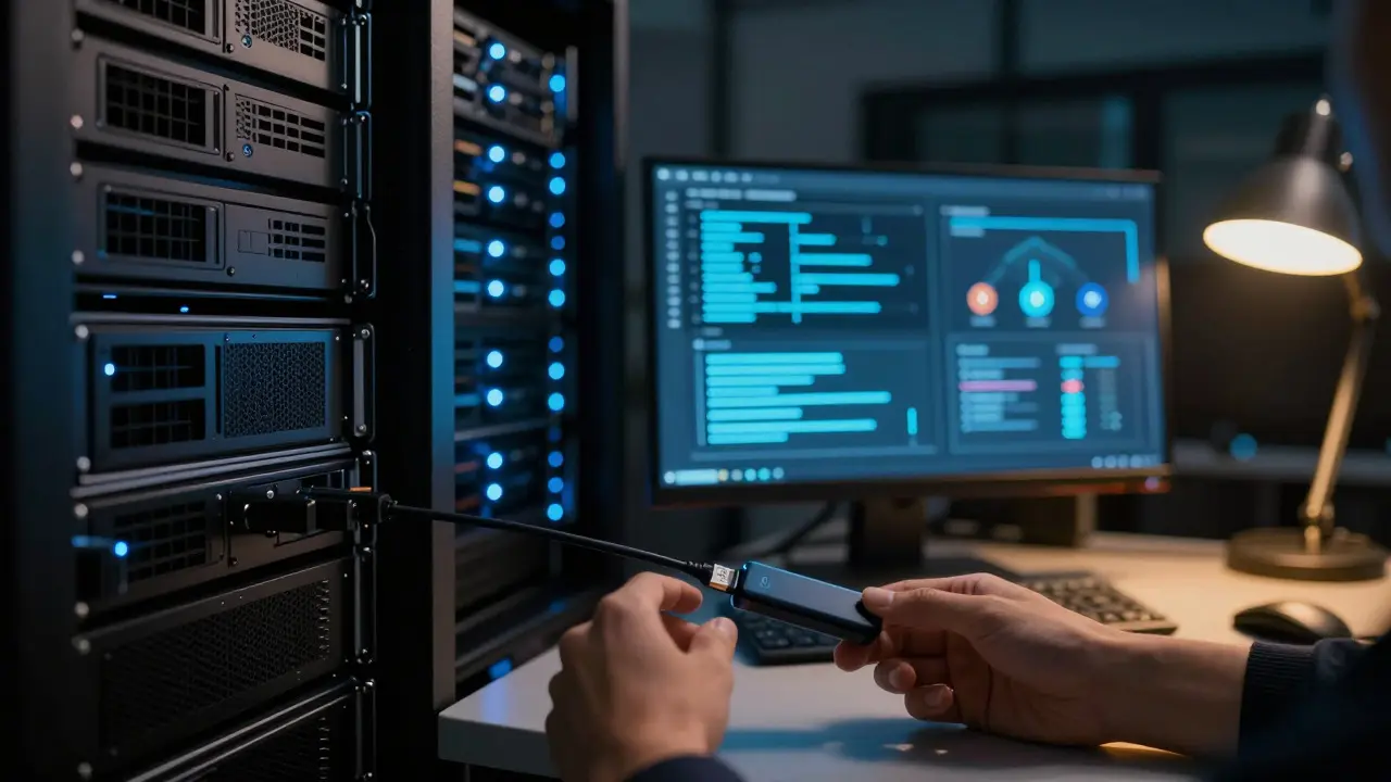 IT admin connecting a USB drive to a server rack in a dimly lit data center