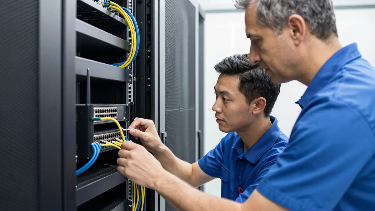 Junior technician working on router under mentor supervision