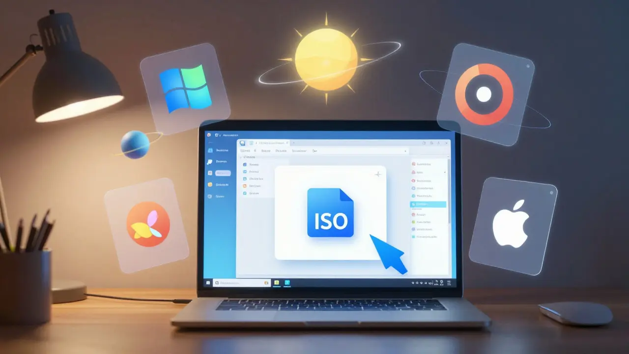 Laptop with ISO file drag-and-drop and floating OS icons