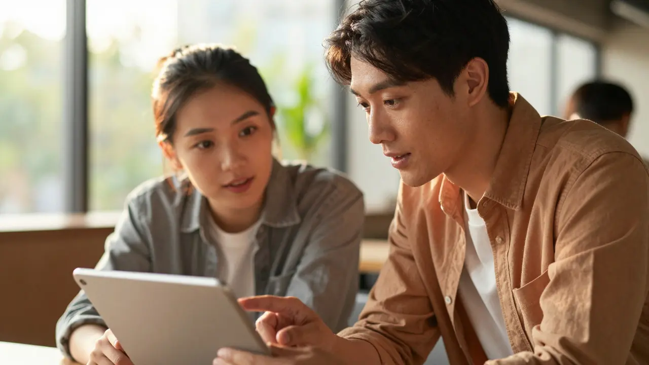 Mentor guiding a colleague during a casual learning session in an office