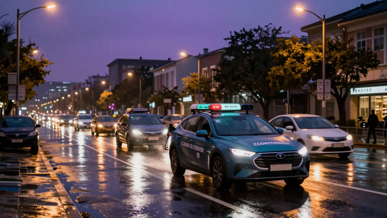 Modern car driving on a rainy city street at dusk, reflecting concierge logistics