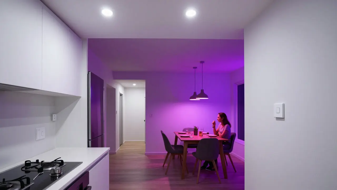 Modern kitchen and dining room featuring a mix of bright white overheads and colorful pendant lights
