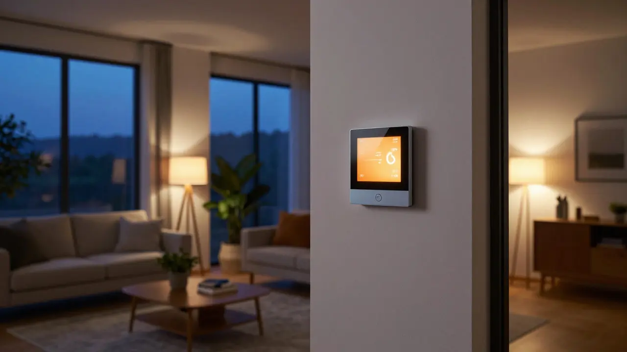 Modern living room featuring a glowing smart thermostat at dusk