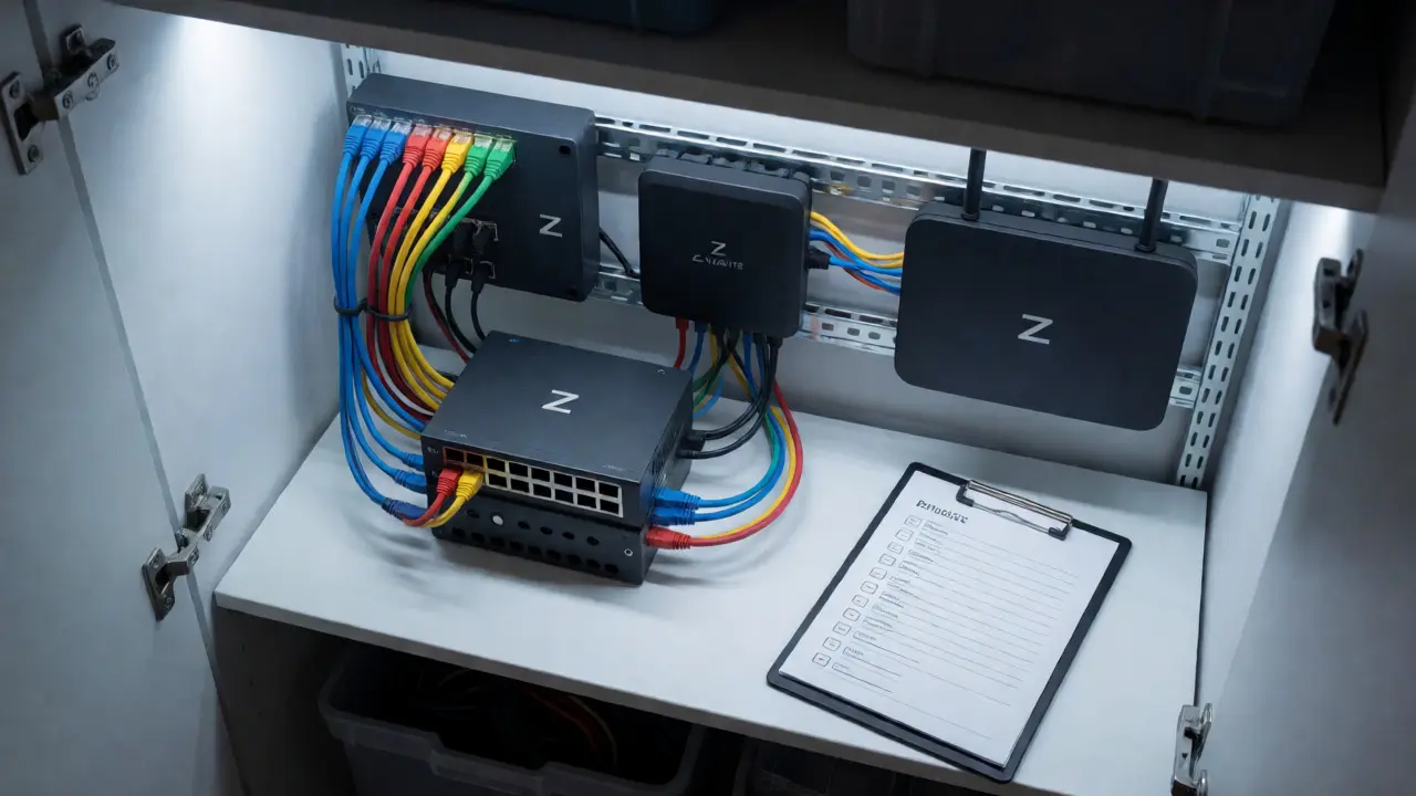 Organized smart home network rack and documentation in utility closet