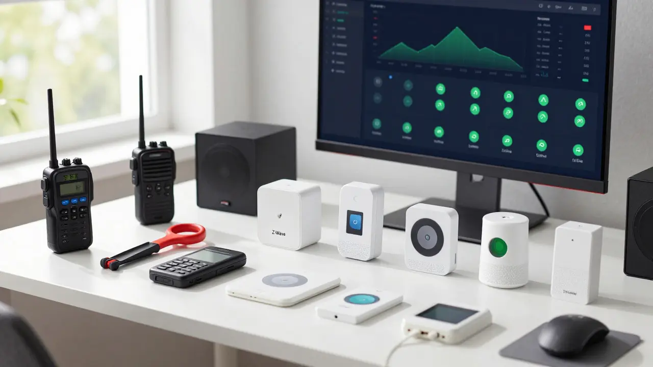 Organized technician desk displaying various smart home sensors and protocols