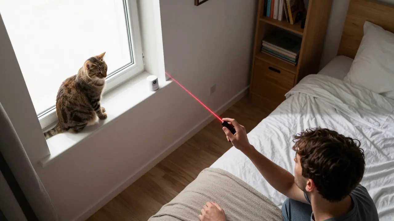 Overhead view of a person using a laser pointer to test motion sensor line of sight