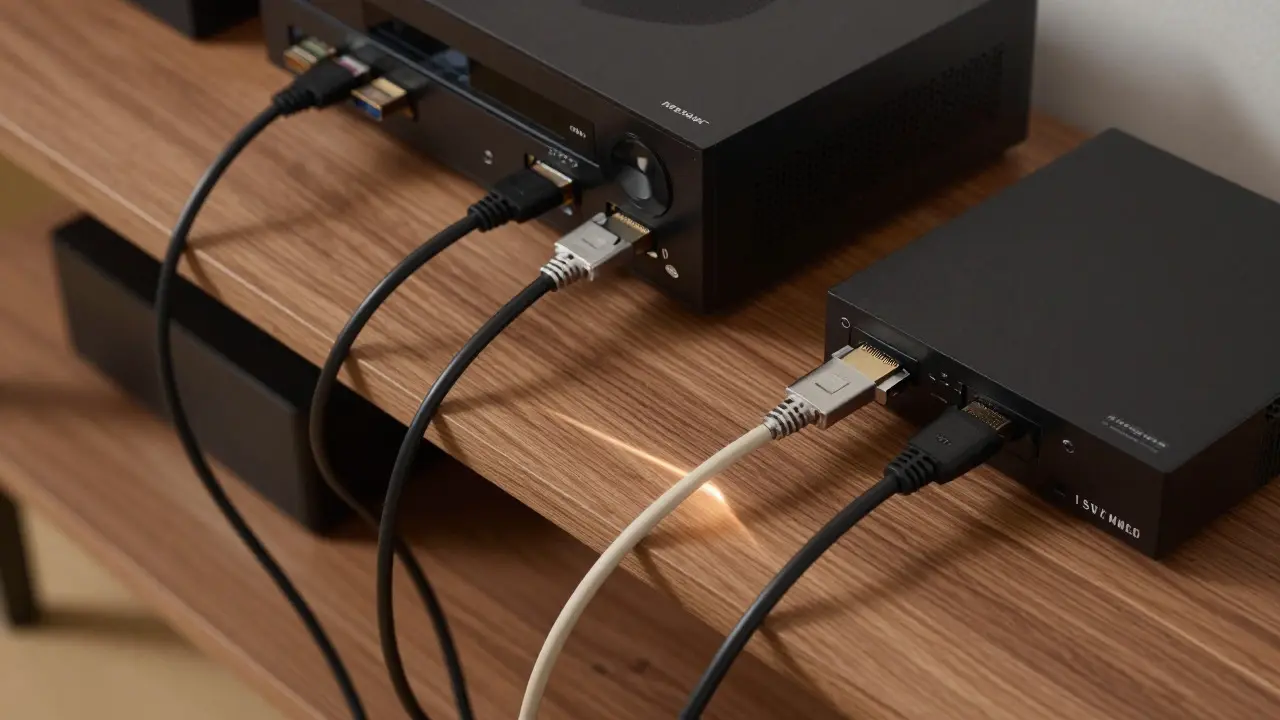 Overhead view of tangled HDMI cables connecting home audio and video equipment