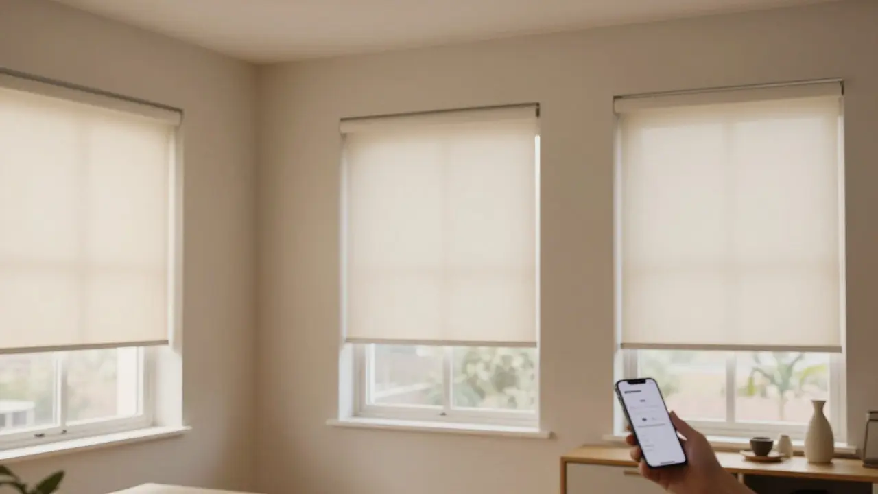 Perfectly aligned motorized shades in a calm, well-lit home interior