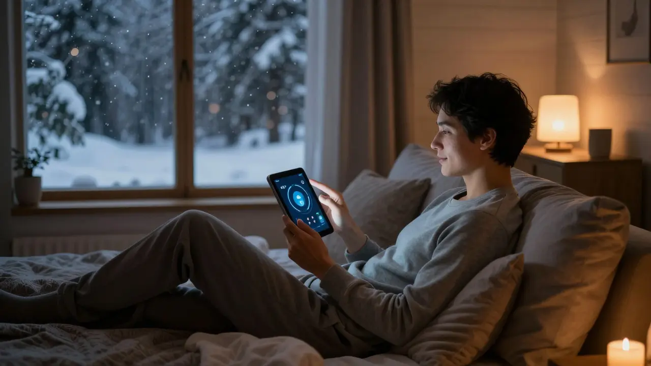 Person adjusting climate settings on a phone in a cozy bedroom