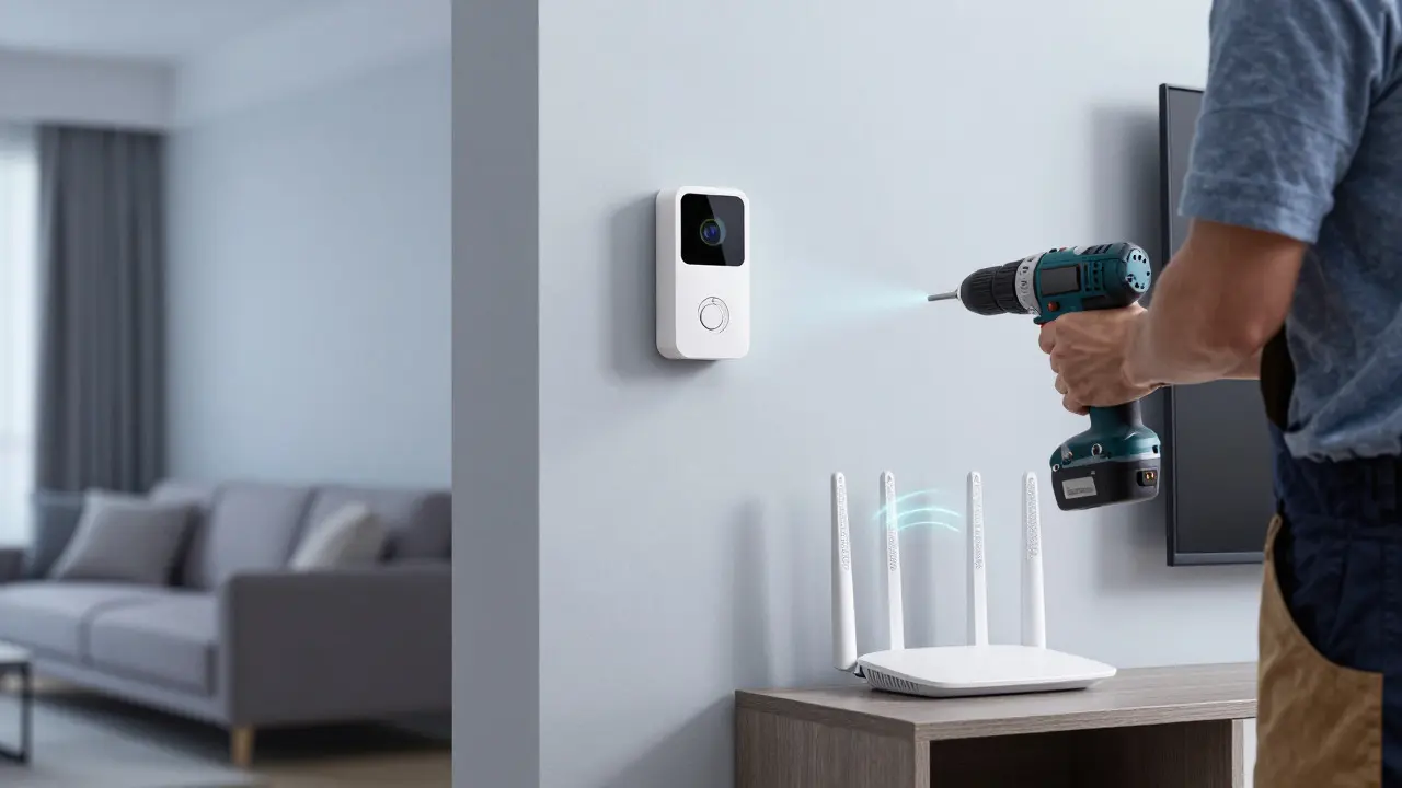Person installing a video doorbell on a wall with a Wi-Fi router visible nearby