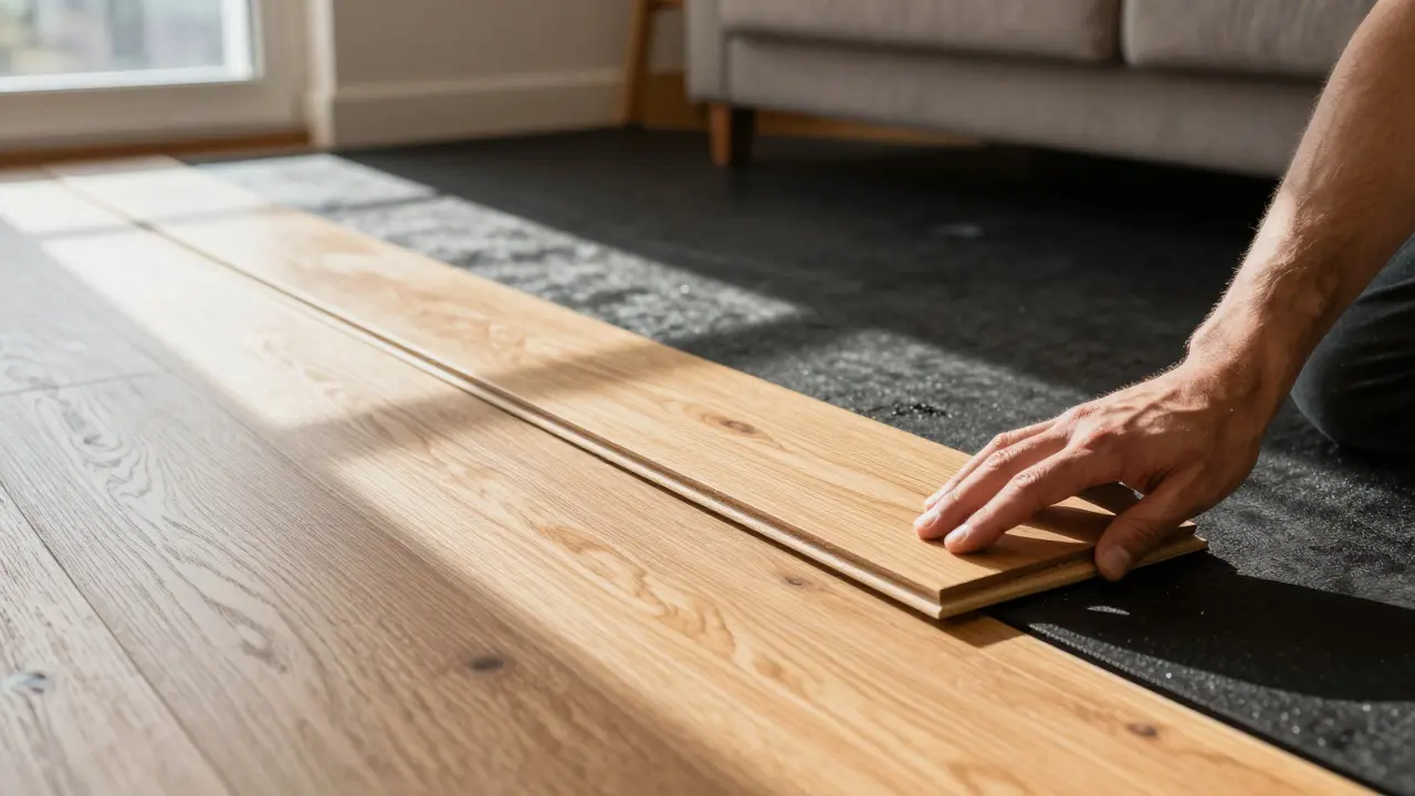 Person installing hardwood flooring on a rubber underlayment for sound isolation