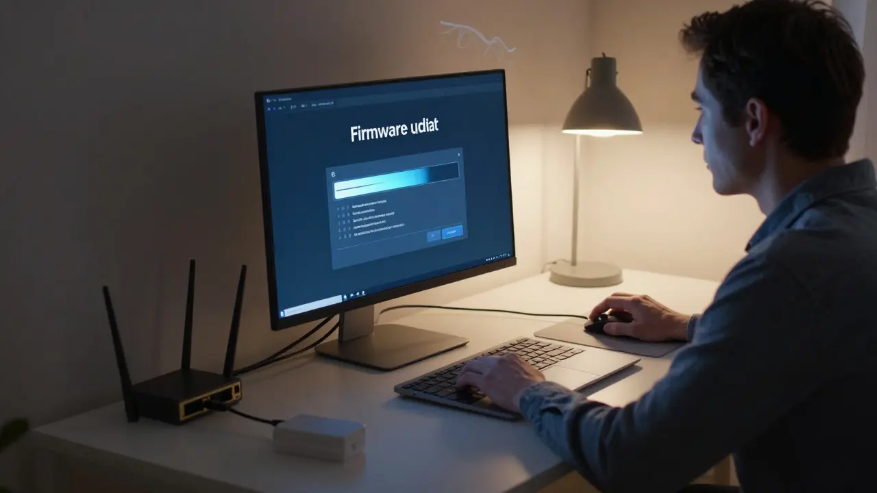 Person safely monitoring firmware update on desktop with wired connection