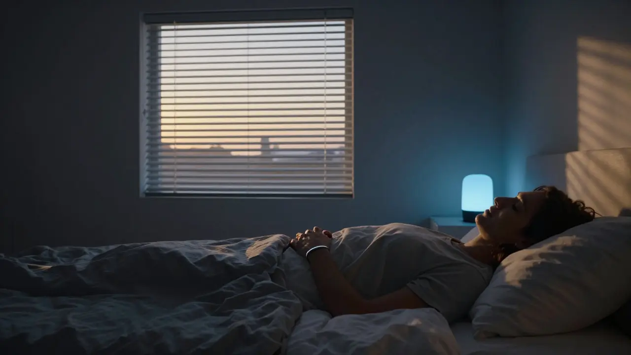 Person sleeping in a bedroom with smart blinds opening to let in morning light