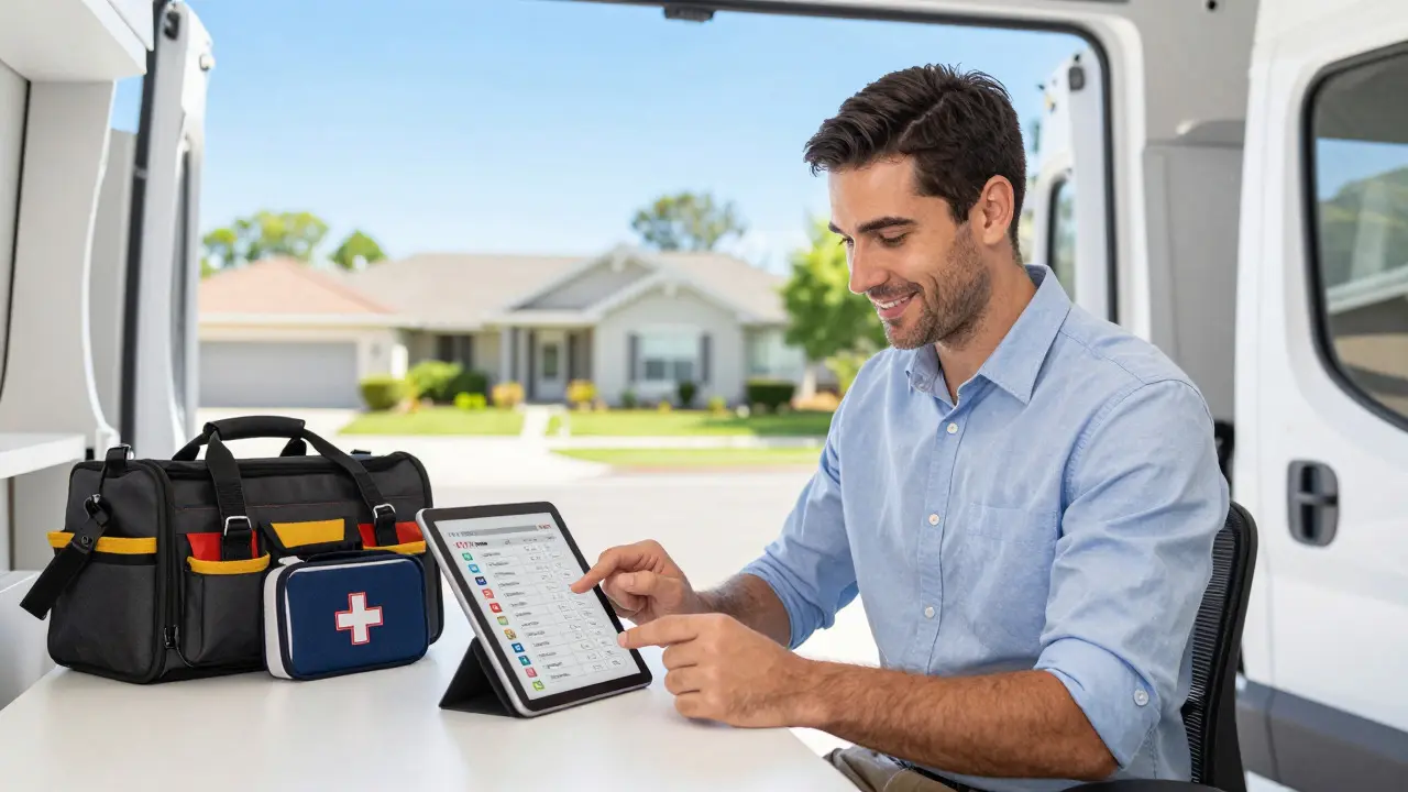 Professional tech worker reviewing a checklist in his van before a job