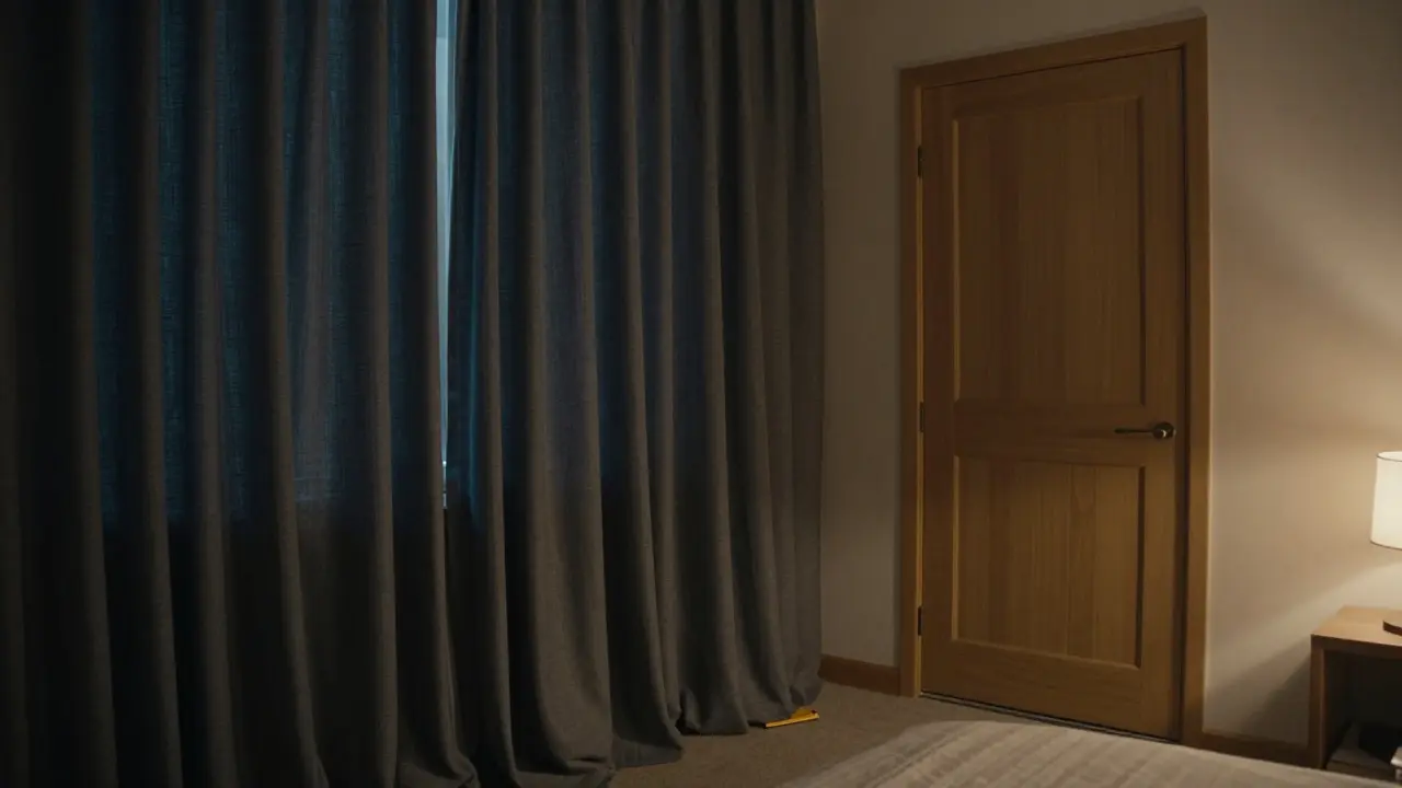 Quiet bedroom with heavy blackout curtains and a solid-core door sealed at the bottom