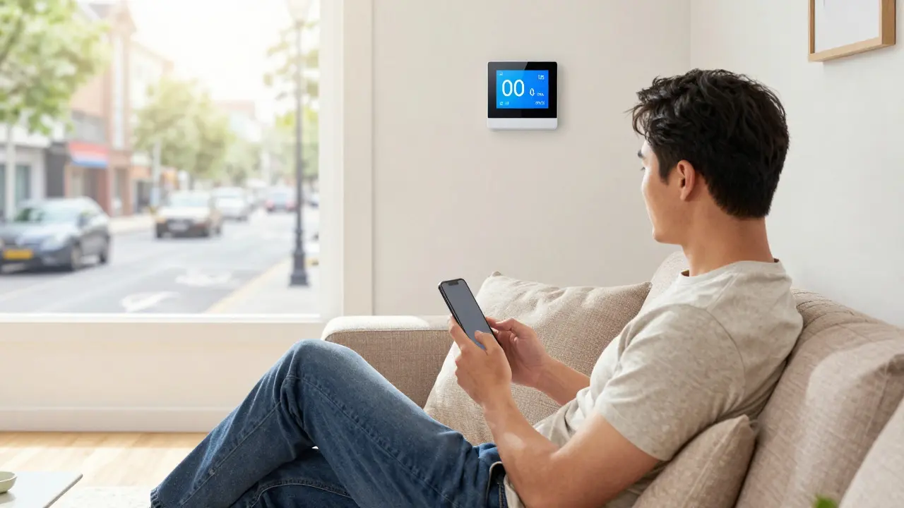 Relaxed homeowner using a phone in a bright living room with a smart thermostat