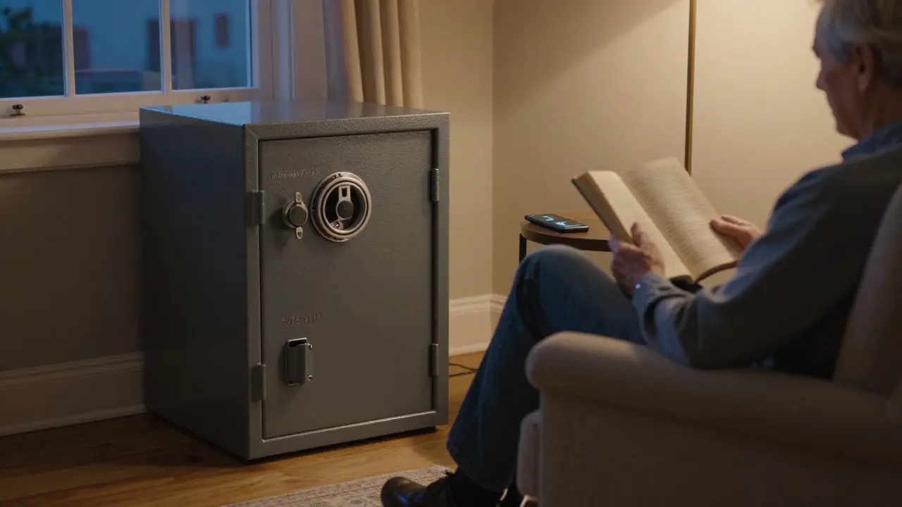 Senior citizen relaxing near a safe and phone in a cozy evening setting