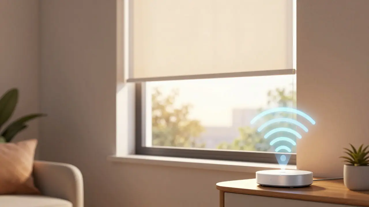 Smart blinds in a living room with abstract wireless signal visuals connecting to a hub