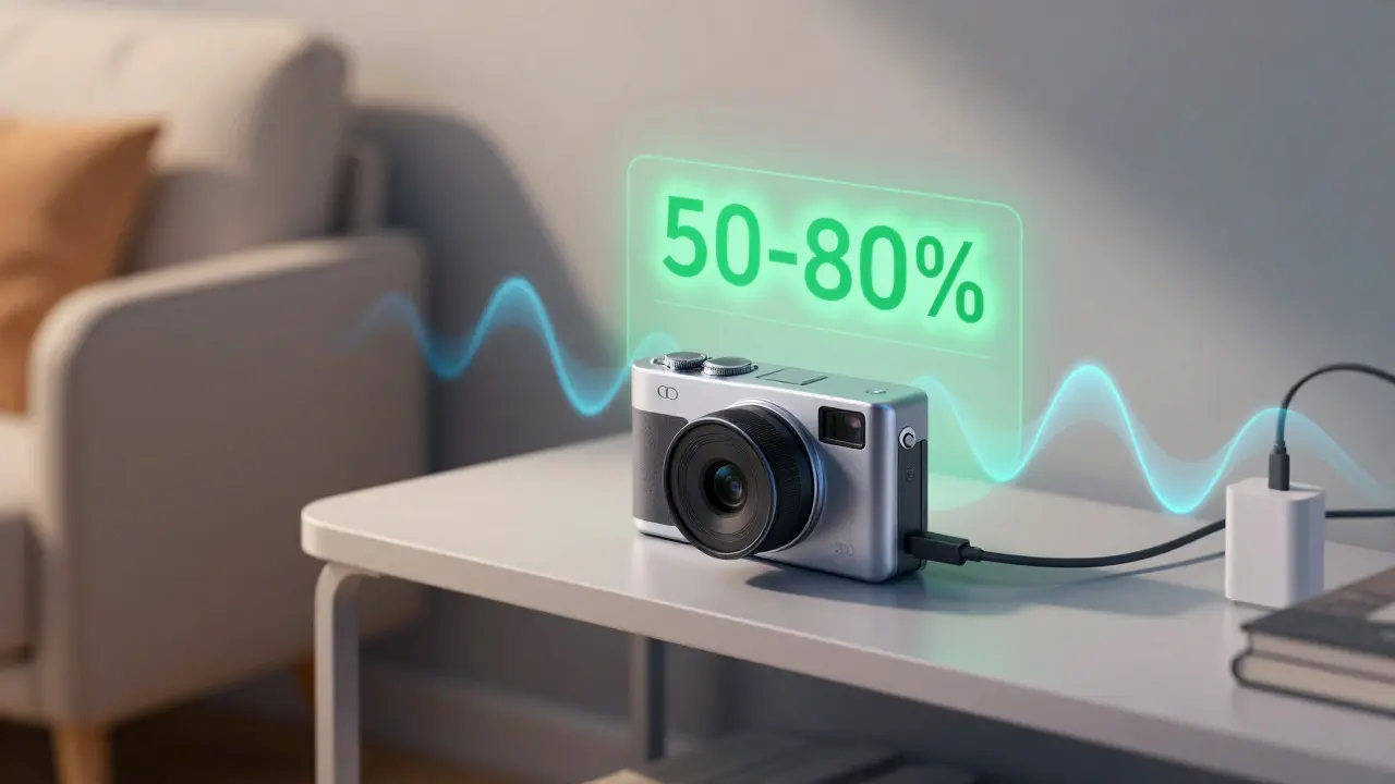 Smart camera on a shelf with glowing visuals representing optimal charging