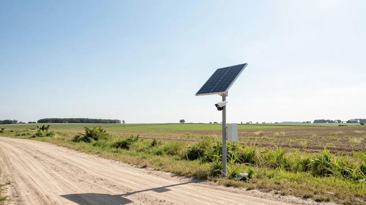 Solar-powered security camera installed on a pole in a rural field