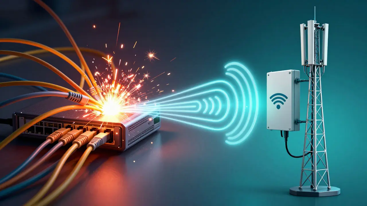 Split screen comparing broken internet cables with stable cellular signal waves