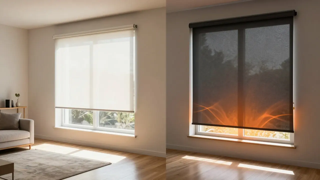 Split view of smart shades reflecting summer sun and trapping winter heat for energy efficiency