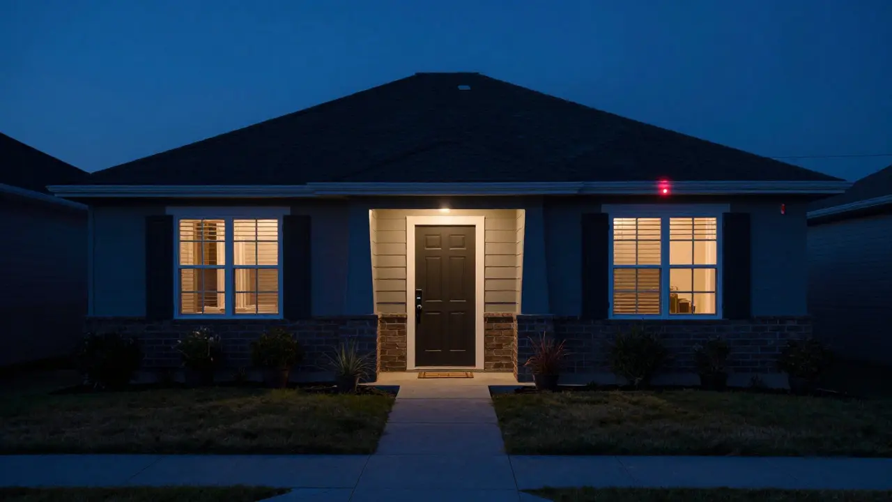 Suburban home exterior at dusk with security lights and a smart lock on the door