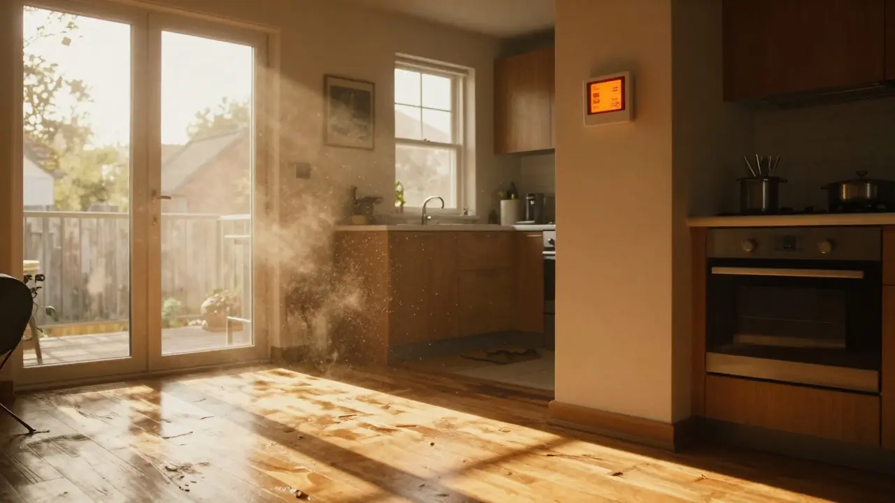 Sunlit kitchen with a warm-toned smart thermostat indicating high heat
