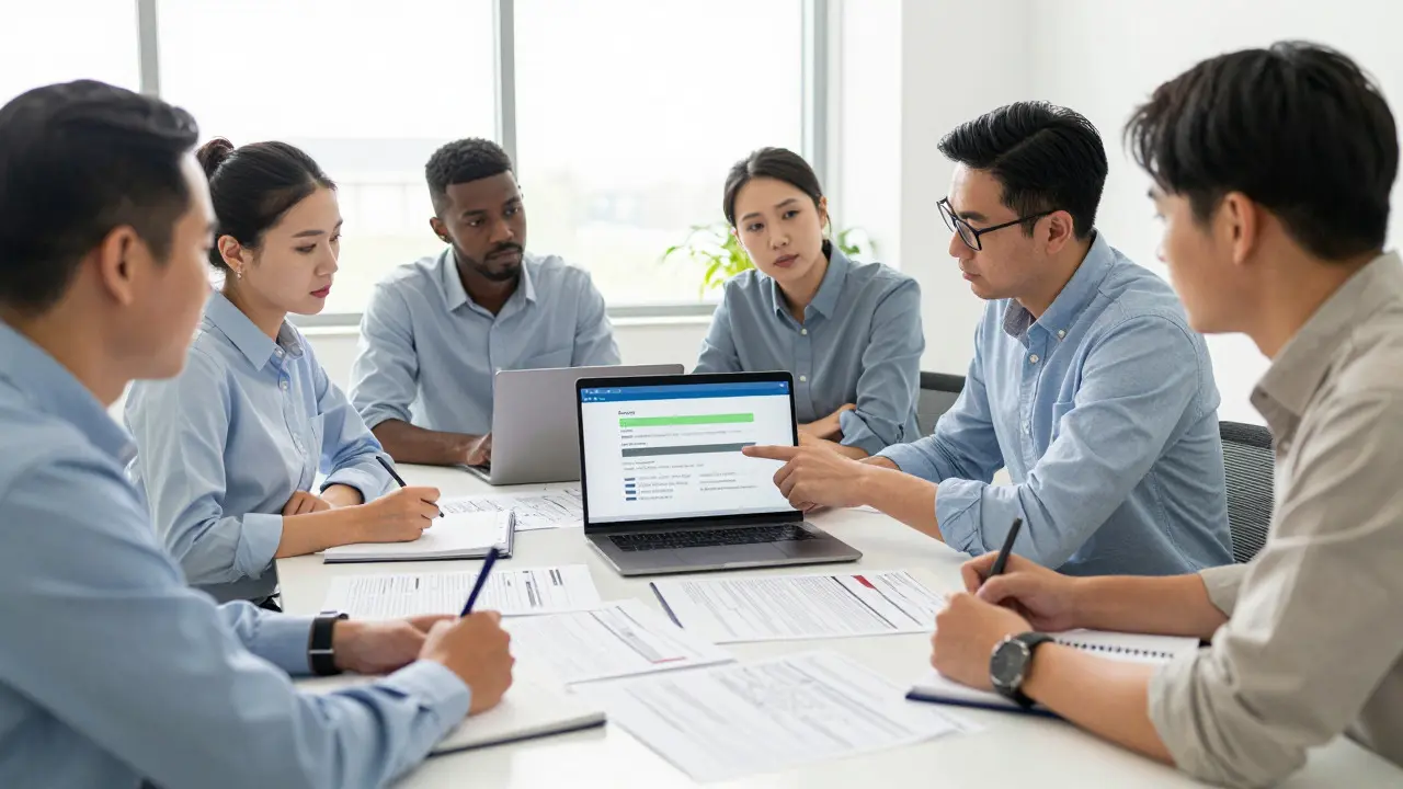 Team of IT professionals reviewing a disaster recovery plan in a bright office