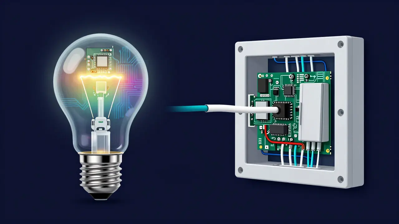 Technical illustration comparing the internal circuits of a smart bulb and a smart wall switch