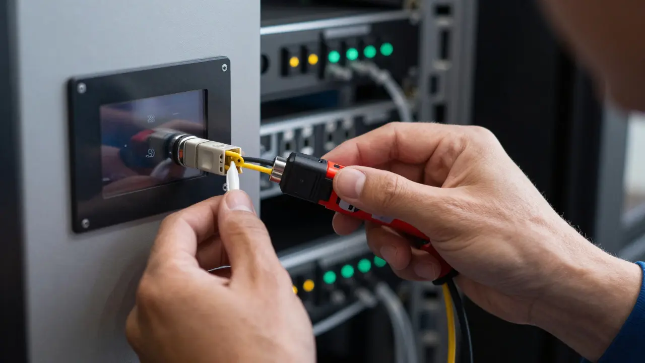 Technician performing final checks on a smart home control panel and network cables