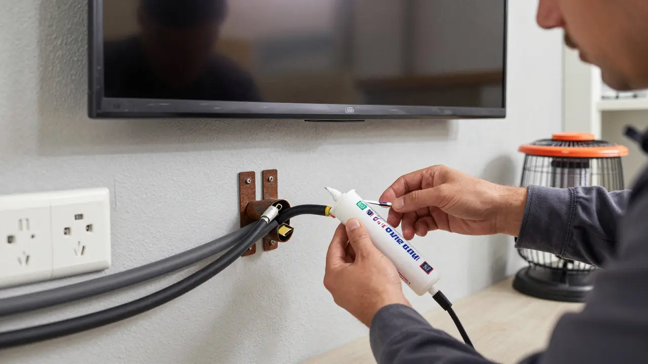 Technician sealing outdoor TV cable connections and checking installation details