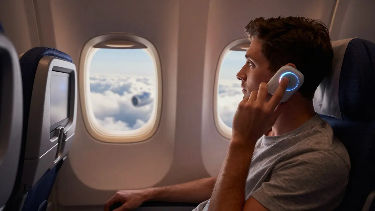 Traveler using a portable smart speaker inside an airplane cabin