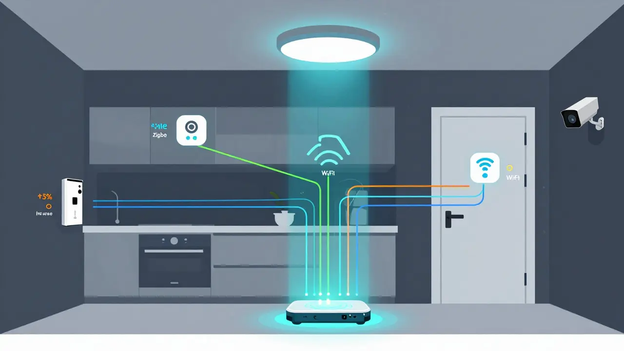 Vector illustration of a house cross-section showing colorful data connections between smart devices