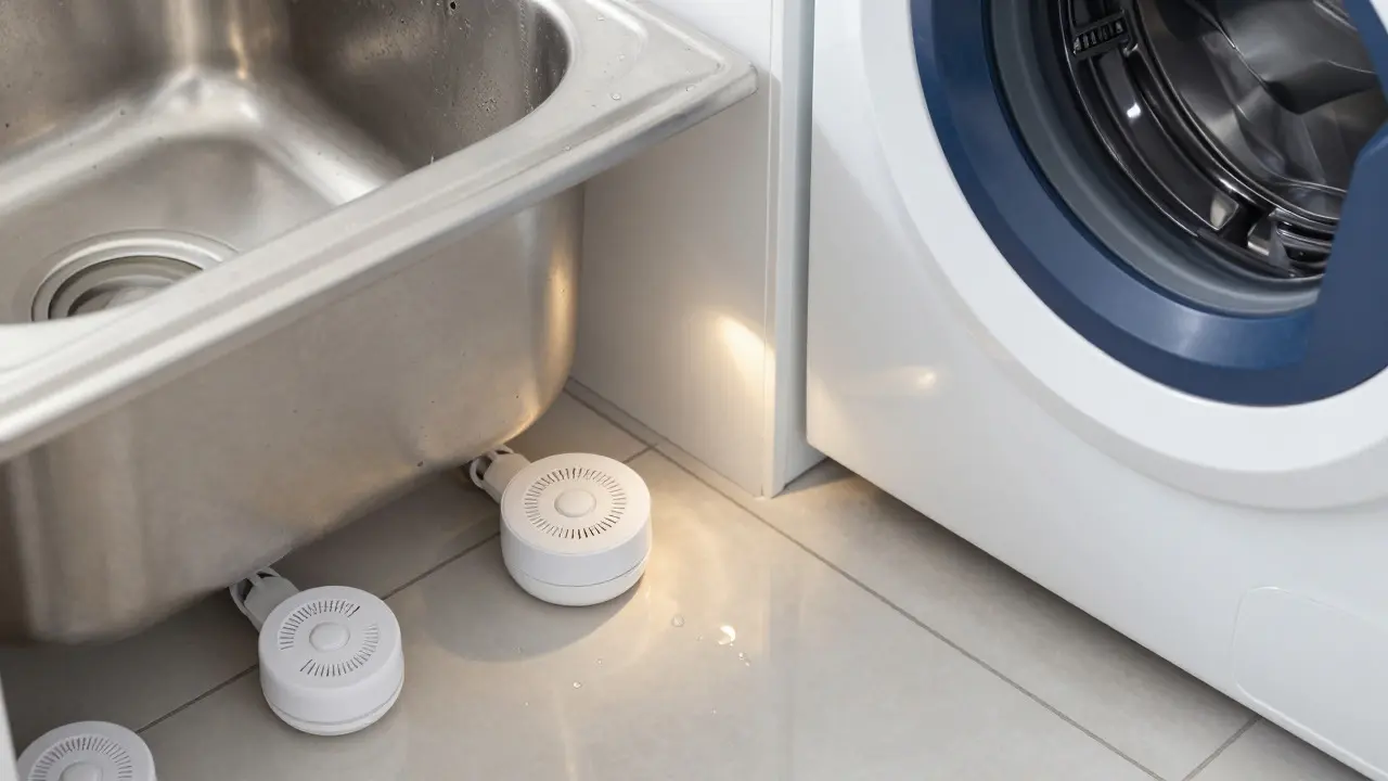Water leak sensors installed under a sink and near a washer