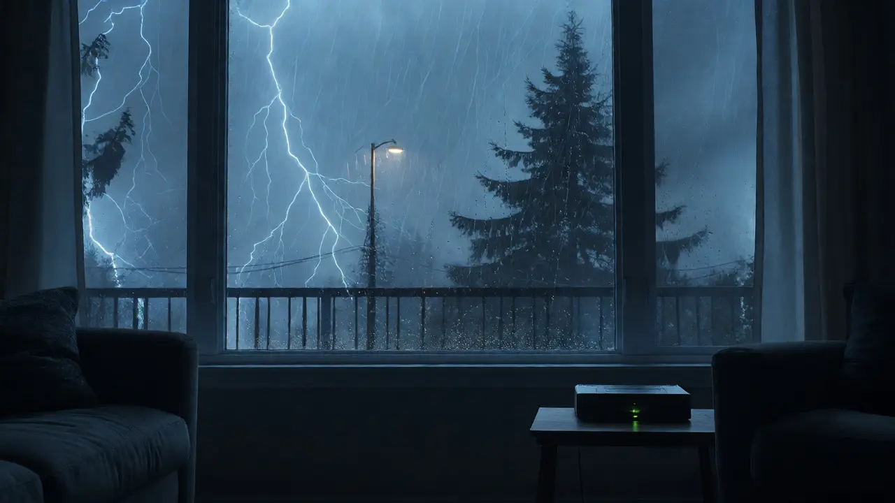 A battery-backed NVR glows green during a nighttime thunderstorm power outage.