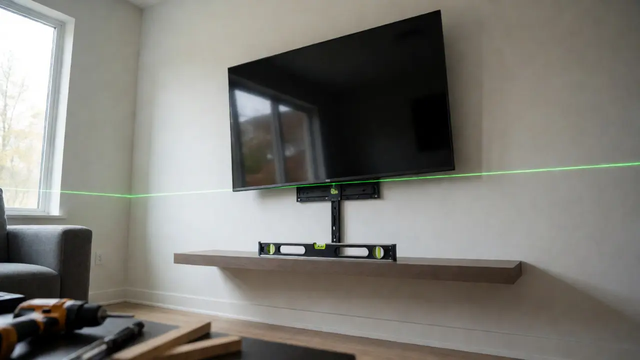 A laser level projecting a green line against a slightly crooked wall-mounted TV.