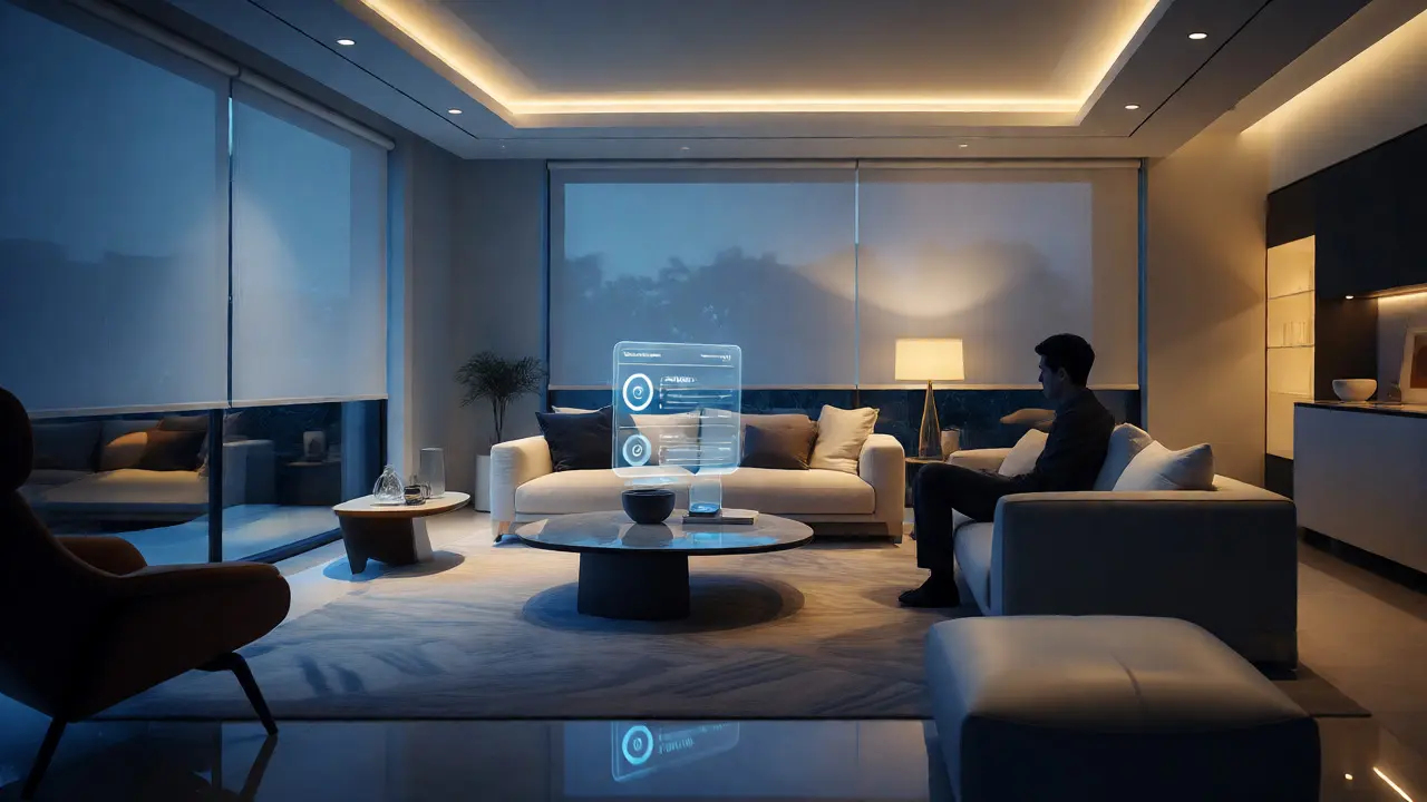 A modern living room with automated blinds and lighting, showcasing a seamless and integrated smart home environment.