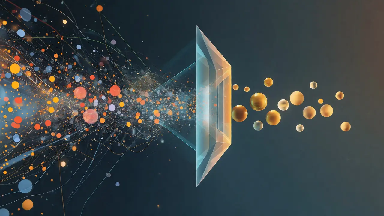 Abstract art depicting a filter turning chaotic data into calm signals.