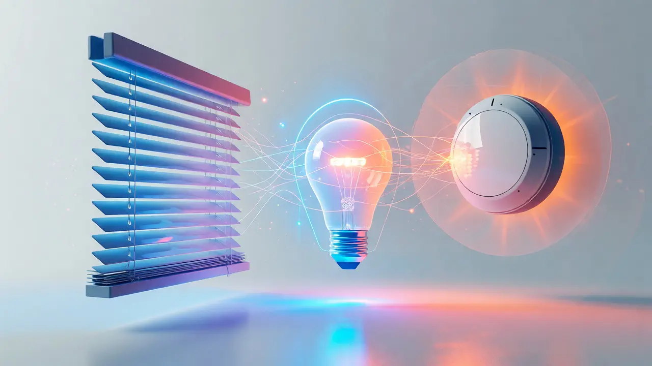Abstract concept of connected smart blinds, lighting, and thermostat data flow.