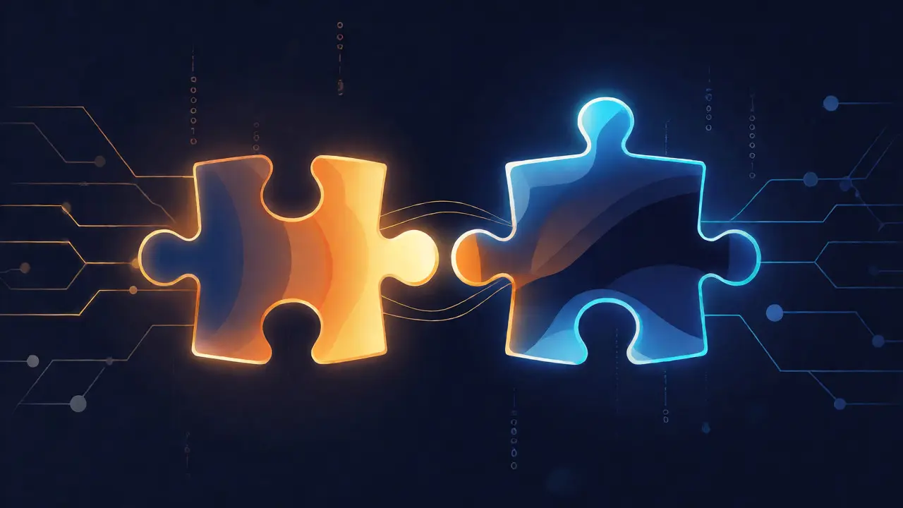 Abstract illustration of two glowing puzzle pieces connecting to represent mentor-mentee matching