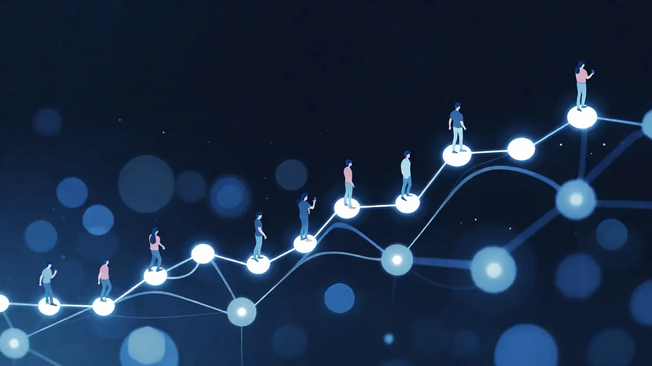 Abstract visualization of data flow and employee progression paths