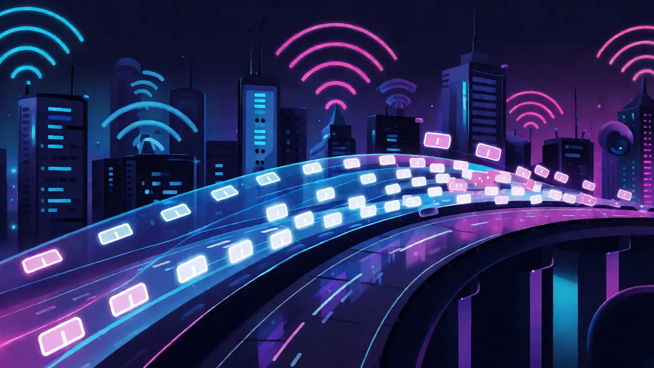 Abstract visualization of network latency and jitter on a data highway