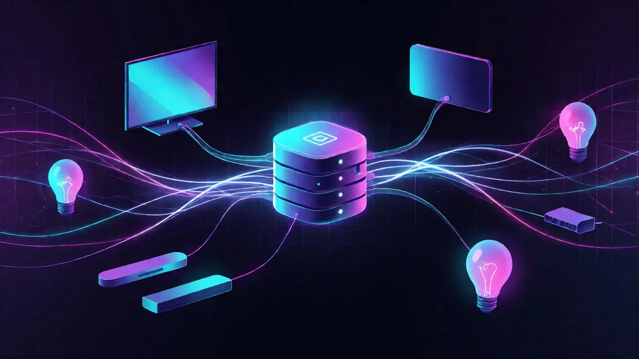 Abstract visualization of smart home devices connected via central hub