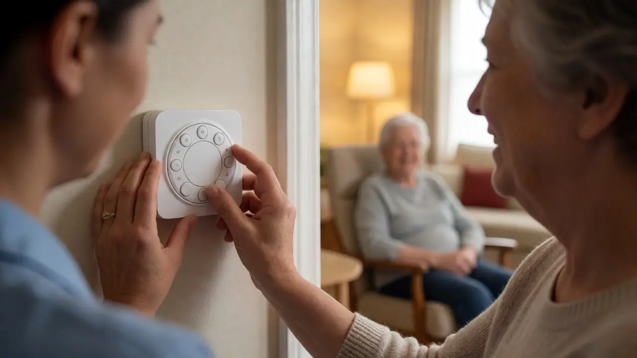 Caregiver adjusting a physical dial on a simple thermostat