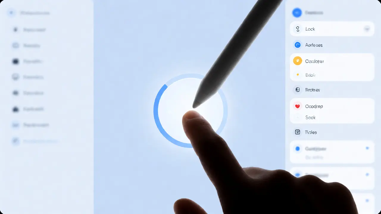 Close-up of a finger tapping a large button on a simplified tablet interface
