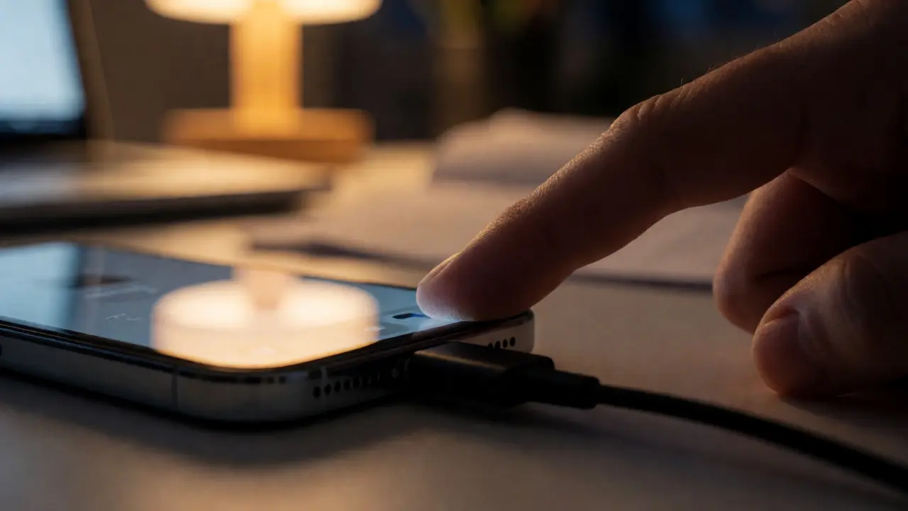 Close-up of a phone connected to an external hard drive for local backup.