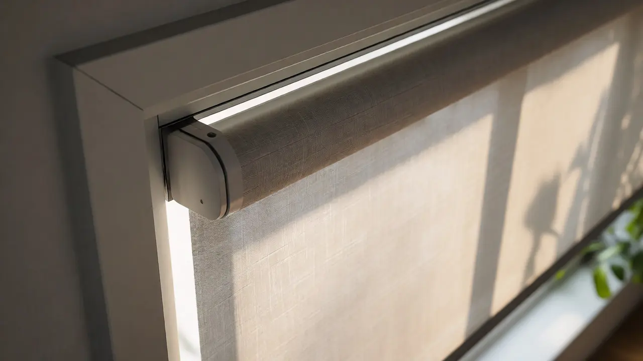 Close-up of a sleek battery-powered smart roller shade mechanism in a window.